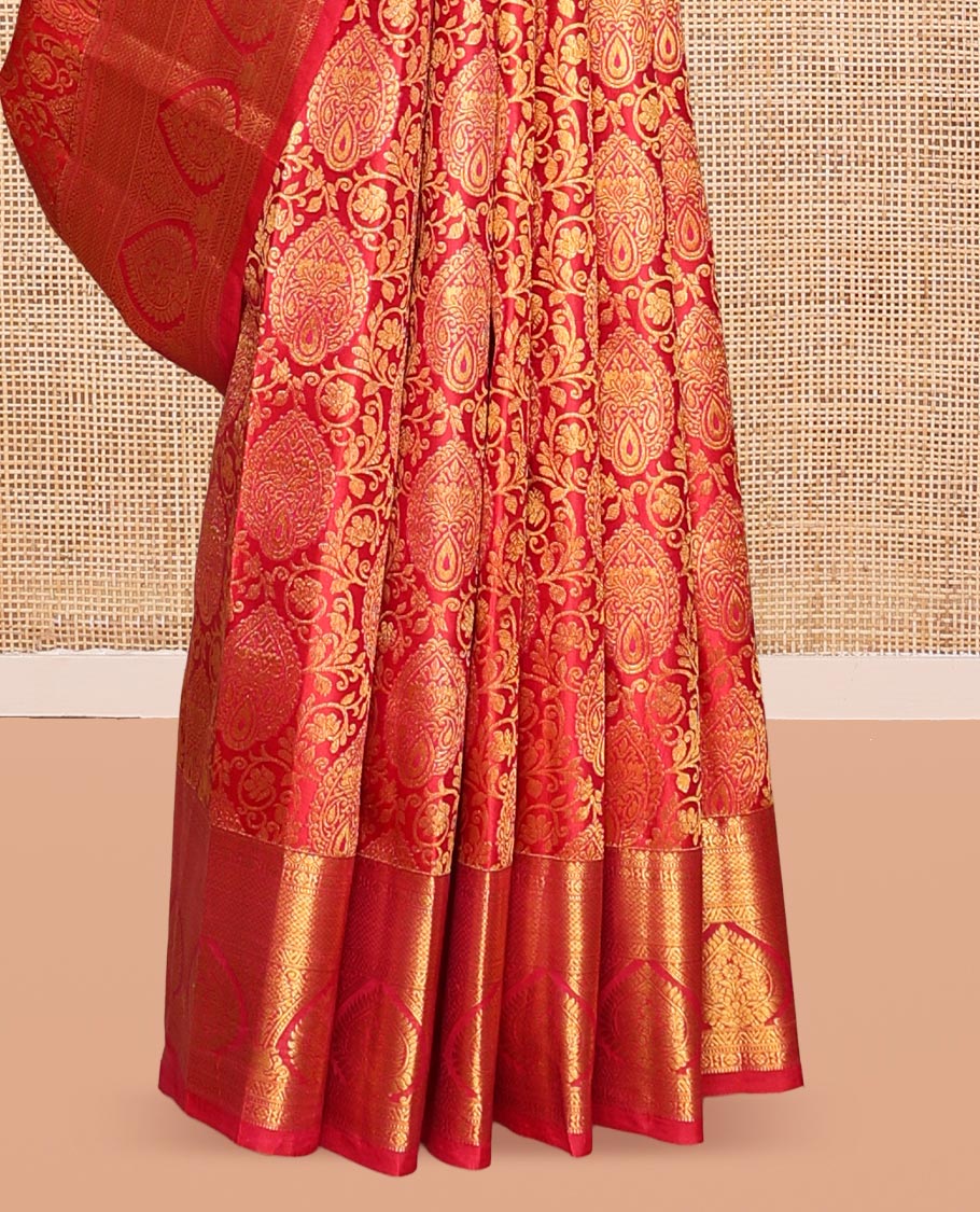 Red Kanchipuram Wedding Silk Saree, Highlighted with Jacquard Design, Zari Border of Traditional Designs, Grand Pallu, and Matching Blouse