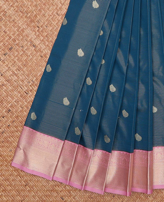 Blue zari stripes and buttas gift saree, contrast traditional zari design border, and ogee patterned pallu