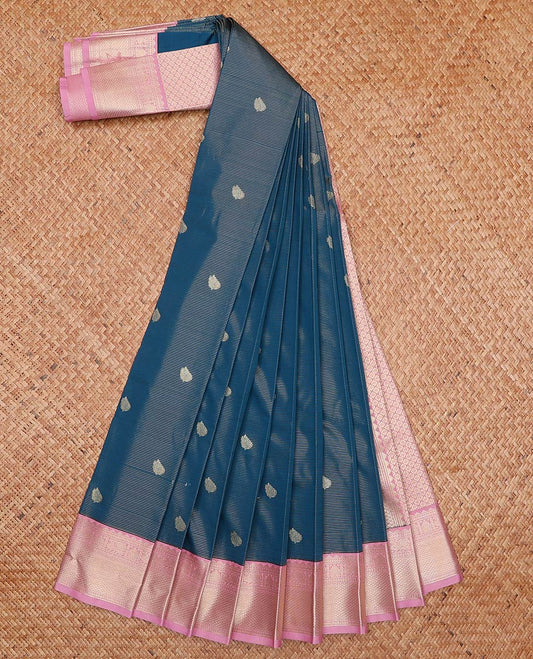 Blue zari stripes and buttas gift saree, contrast traditional zari design border, and ogee patterned pallu