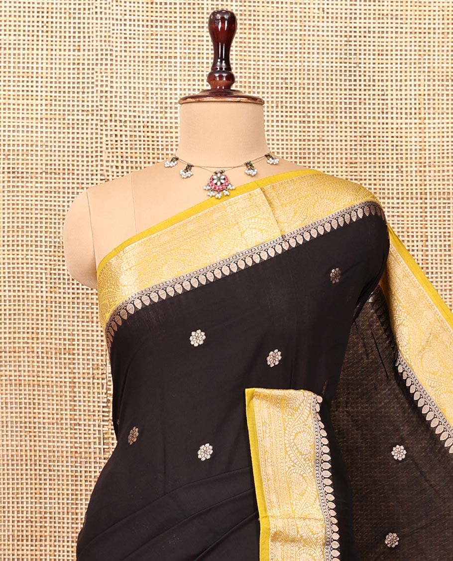 Black Assam Silk Saree, Bedecked with Flower Buttas, Complemented by a Contrast Traditional Border, Zari-Design Pallu, and a Contrast Blouse