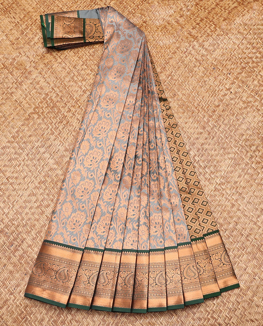 Grey Budget Silk Saree, Delicately Woven with Jacquard Design, Contrast Traditional Zari Border, Grand Pallu, and a Contrast Blouse
