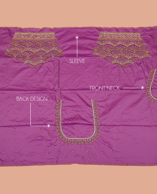 Purple Aari Blouse Material, Artfully Embroidered with Scallop Patterns Bead Embroidery on Its Sleeves, and Intricately Embroidered Back and Front Neck