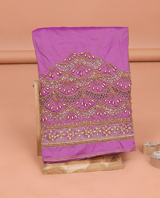Purple Aari Blouse Material, Artfully Embroidered with Scallop Patterns Bead Embroidery on Its Sleeves, and Intricately Embroidered Back and Front Neck