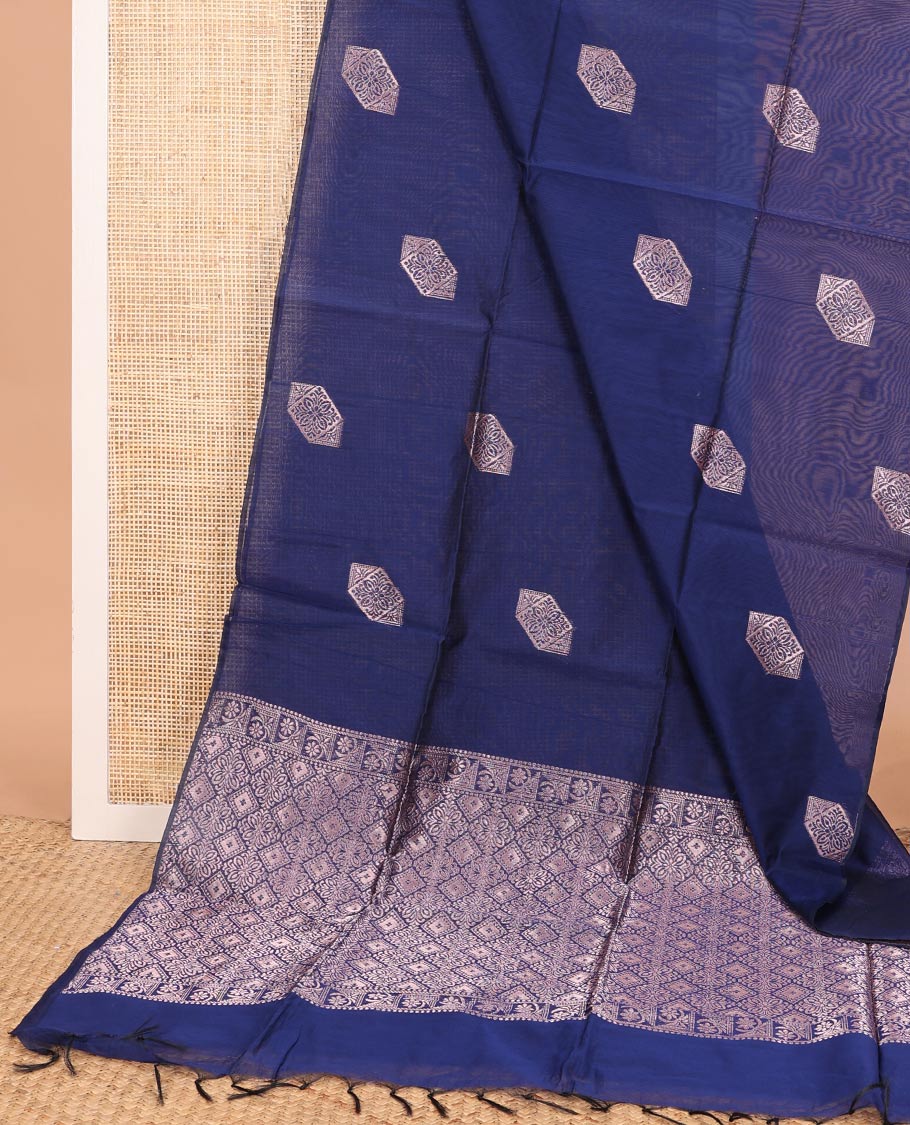 Borderless royal blue zari buttas woven semi-silk cotton saree, zari-rich jaal design pallu