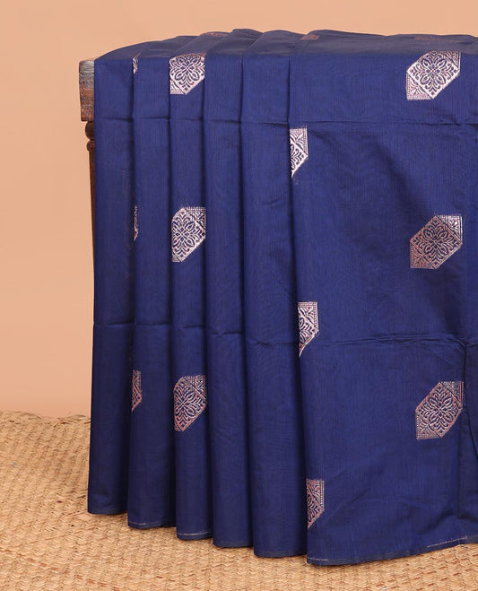 Borderless royal blue zari buttas woven semi-silk cotton saree, zari-rich jaal design pallu