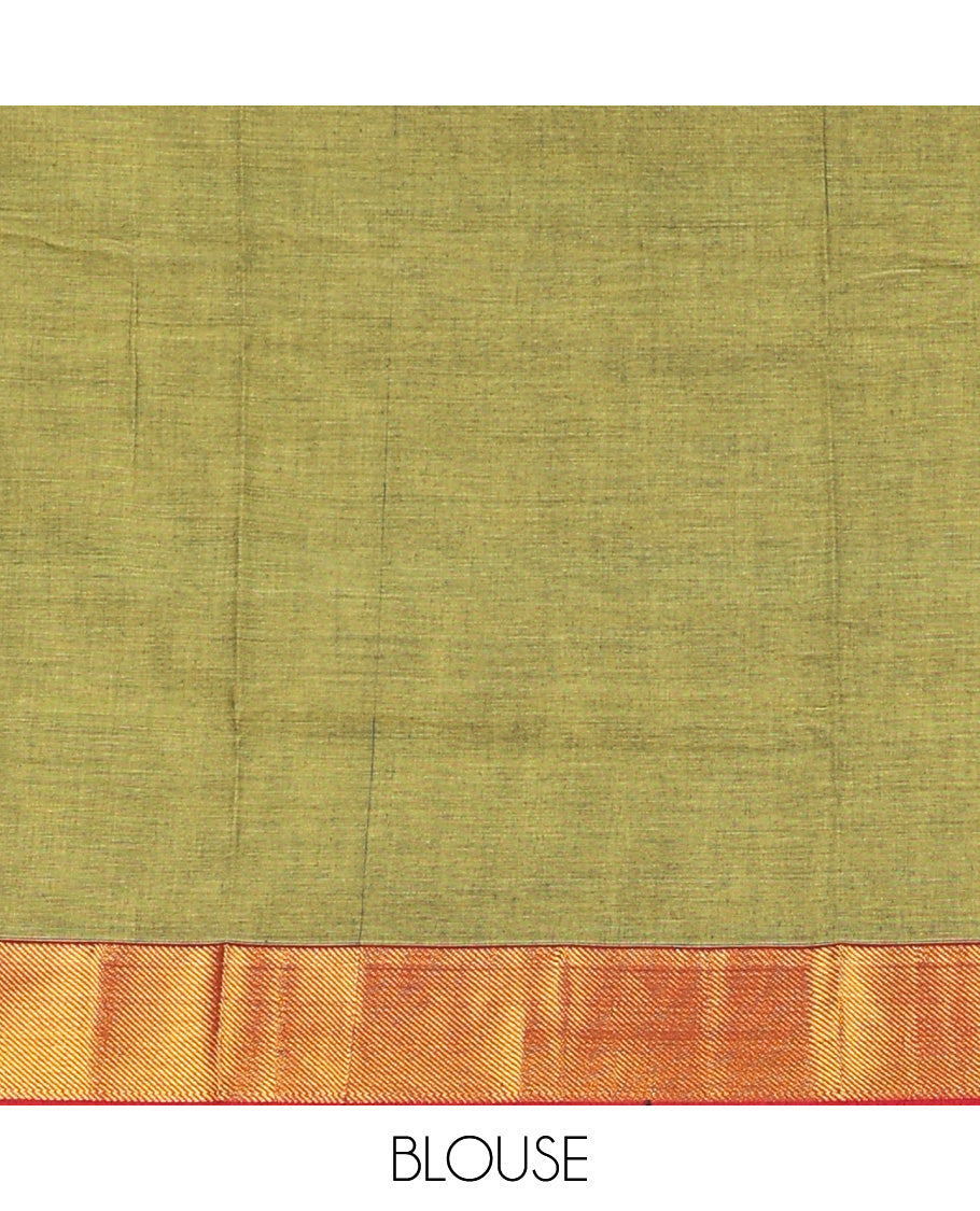 Green plain Narayanapet cotton saree, contrast zari border, and striped pallu
