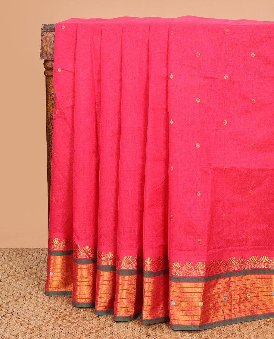 Pink zari buttas Venkatagiri cotton saree, contrast zari border and pallu of stripes