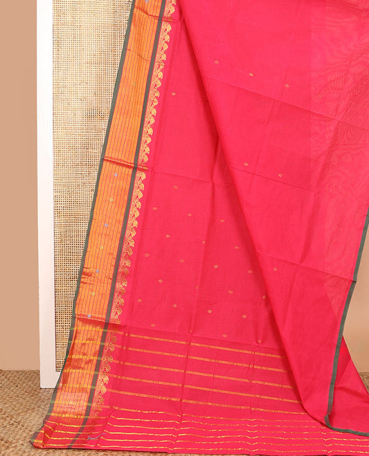 Pink zari buttas Venkatagiri cotton saree, contrast zari border and pallu of stripes