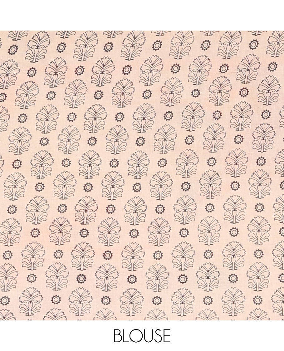 Orange-red ancient human motifs machine-printed kalamkari cotton saree, peacock printed border & pallu of Pichwai cow & Radha Krishna print