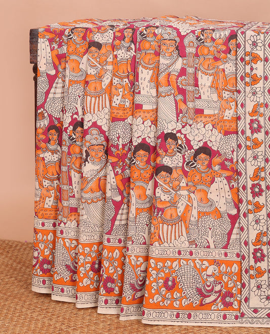 Orange-red ancient human motifs machine-printed kalamkari cotton saree, peacock printed border & pallu of Pichwai cow & Radha Krishna print