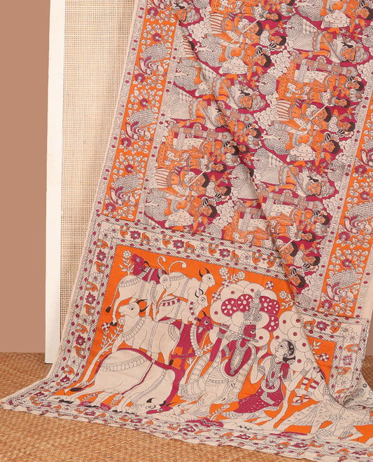 Orange-red ancient human motifs machine-printed kalamkari cotton saree, peacock printed border & pallu of Pichwai cow & Radha Krishna print