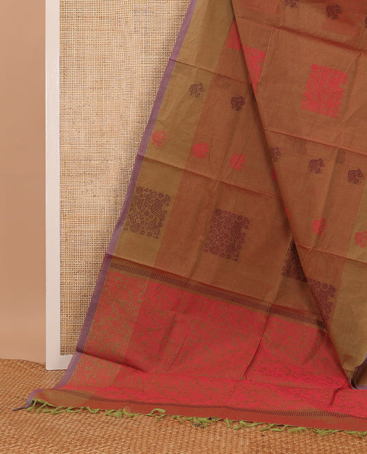 Manthulir color bird buttas Coimbatore cotton saree, contrast plain border & pallu steeped with bird motifs