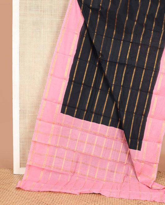 Black zari striped Sungudi cotton saree, contrast rettai pettu traditional zari border & zari striped pallu