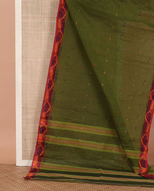 Green Bengal Cotton Saree, Elevated with Thread Buttas All Over Its Body, Complemented by a Contrast Jamdani-Style Leaf Creeper Design Border, and Pallu Steeped with Stripes