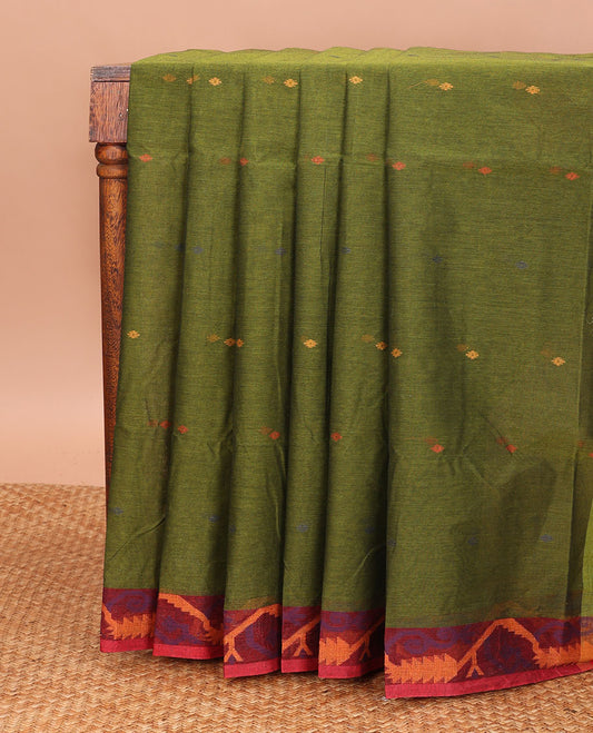 Green Bengal Cotton Saree, Elevated with Thread Buttas All Over Its Body, Complemented by a Contrast Jamdani-Style Leaf Creeper Design Border, and Pallu Steeped with Stripes