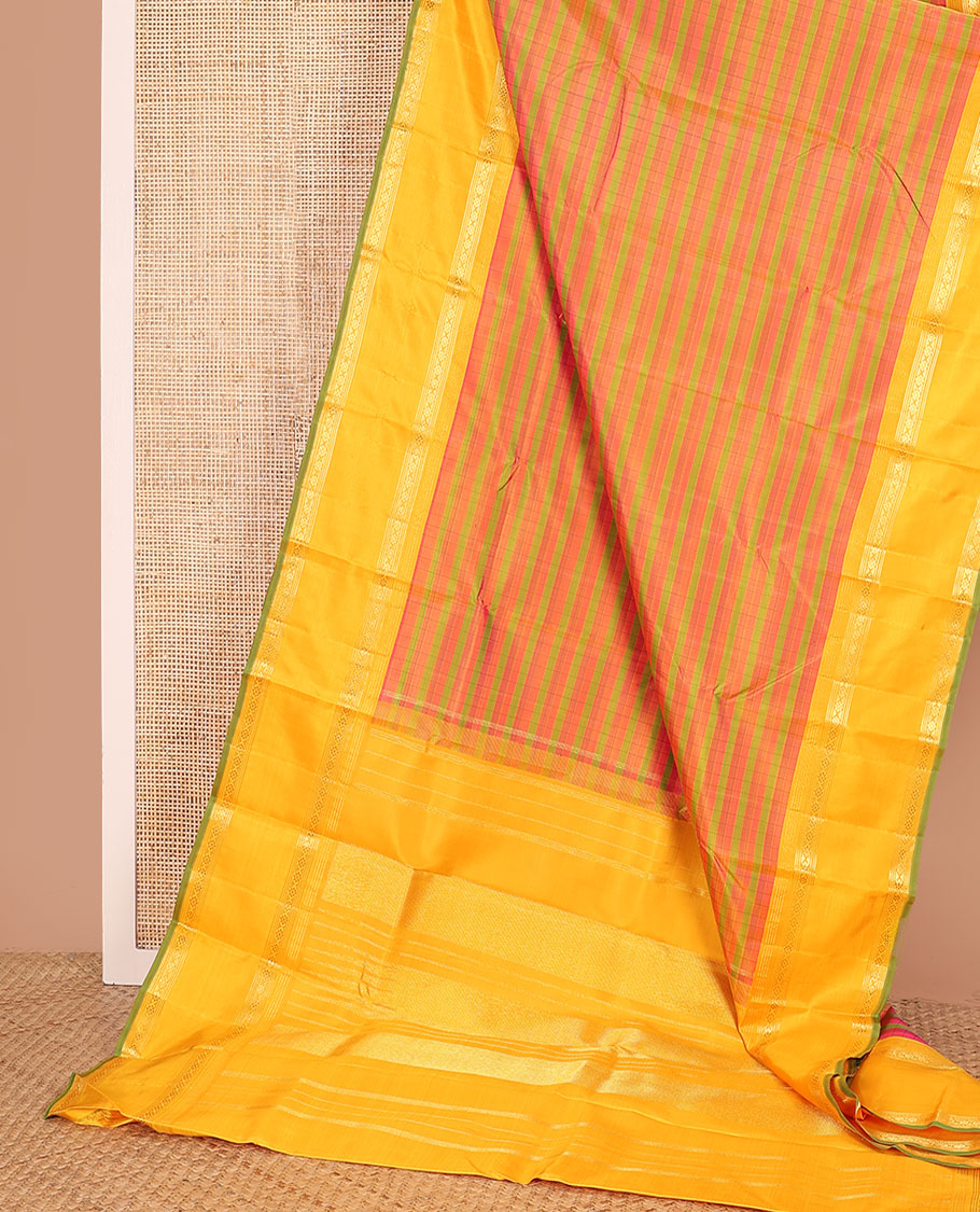 Multi-color striped Kanchipuram silk saree, contrast rettai pettu border of muthu, and laddu kamalm designs, and seppu rekku pallu