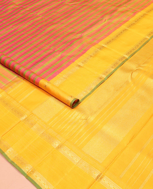 Multi-color striped Kanchipuram silk saree, contrast rettai pettu border of muthu, and laddu kamalm designs, and seppu rekku pallu