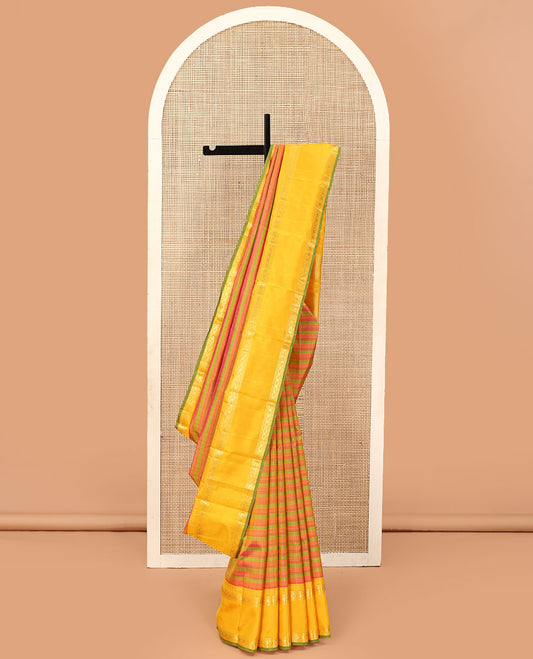 Multi-color striped Kanchipuram silk saree, contrast rettai pettu border of muthu, and laddu kamalm designs, and seppu rekku pallu