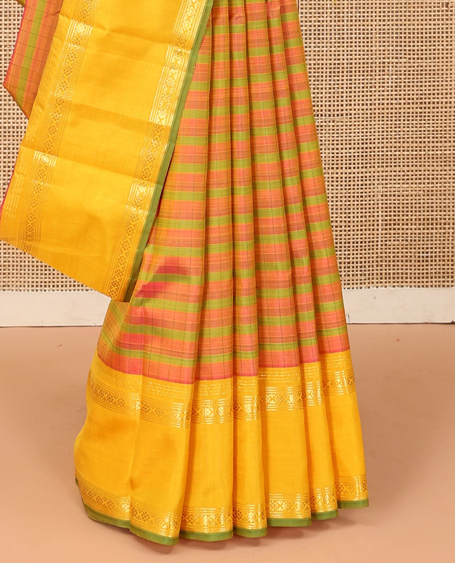 Multi-color striped Kanchipuram silk saree, contrast rettai pettu border of muthu, and laddu kamalm designs, and seppu rekku pallu