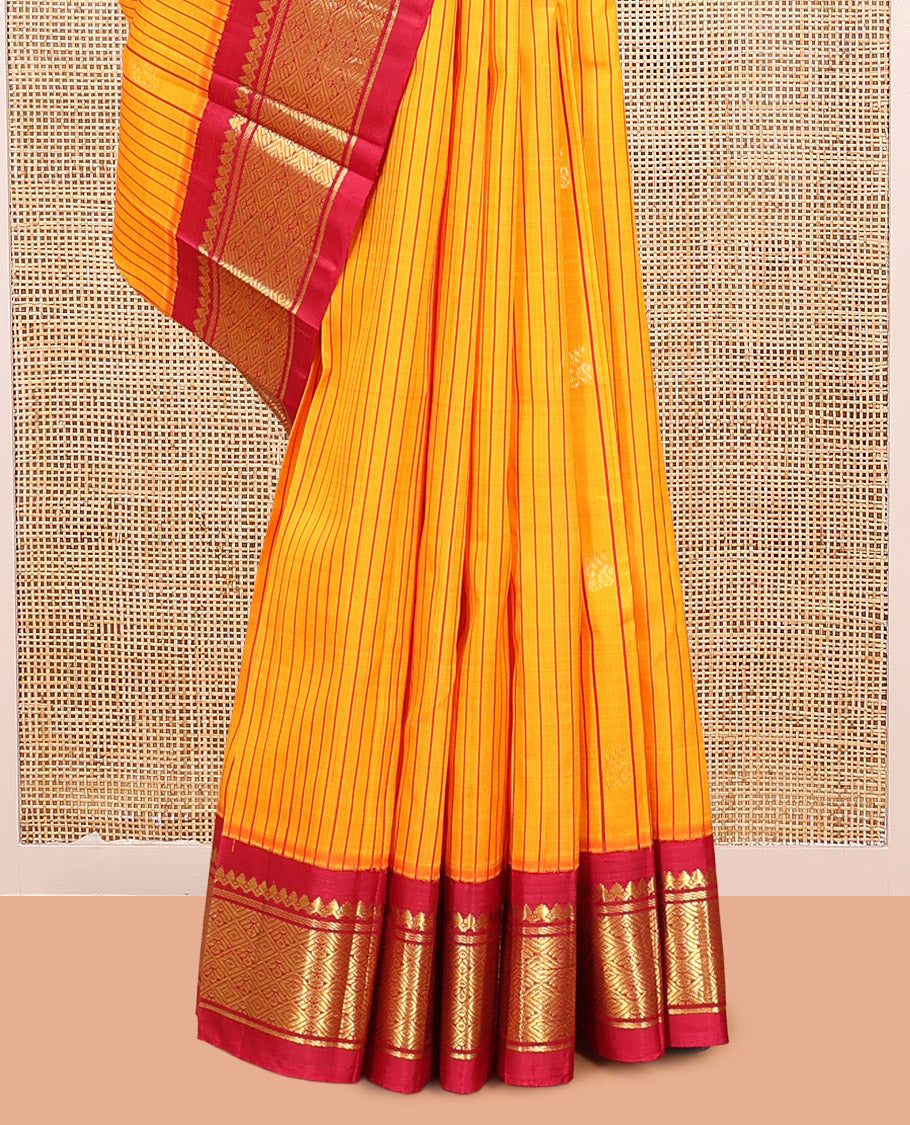 Orange Striped Kanchipuram Silk Saree, Woven with Zari Buttas, Complemented by a Contrast Korvai Border of Thilakam Mokku, Banaras, Muthu, and Jaal Design, Zari Design Pallu, and No Blouse