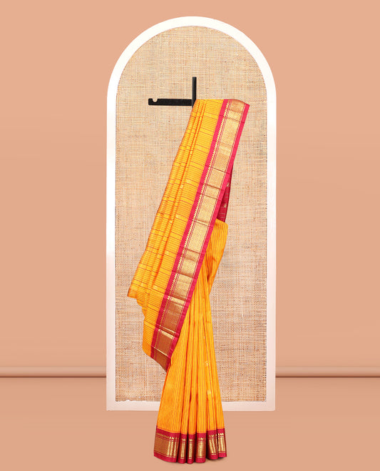 Orange Striped Kanchipuram Silk Saree, Woven with Zari Buttas, Complemented by a Contrast Korvai Border of Thilakam Mokku, Banaras, Muthu, and Jaal Design, Zari Design Pallu, and No Blouse