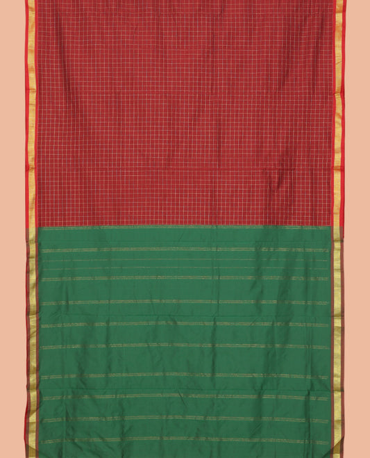 Maroon Checked Nine-Yard Saree, a Semi-Contrast Zari Border, Contrast Striped Pallu, and No Blouse