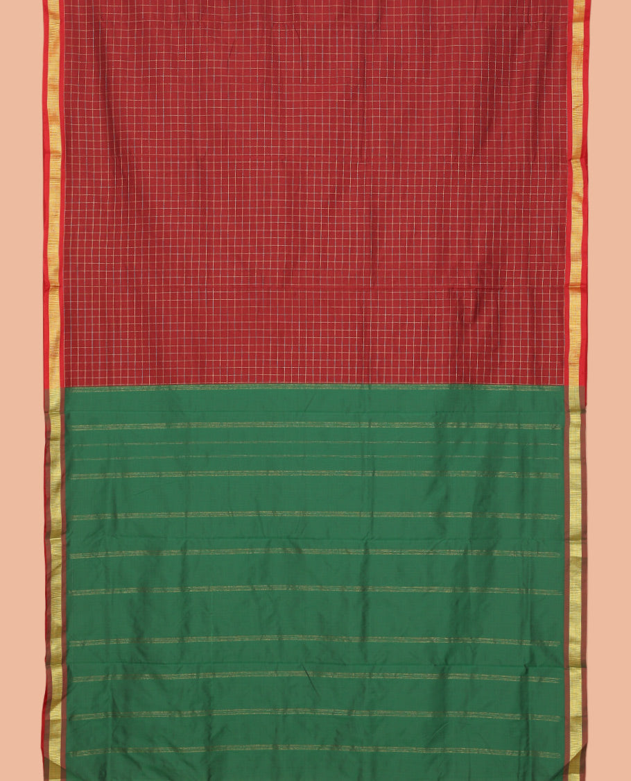 Maroon Checked Ten Yard Saree, a Semi-Contrast Zari Border, Contrast Striped Pallu, and No Blouse