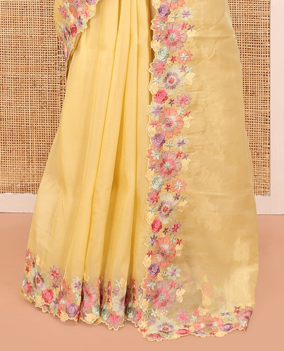 Yellow Plain Organza Saree, a Scallop Tropical Floral Embroidery Border, and a Matching Blouse