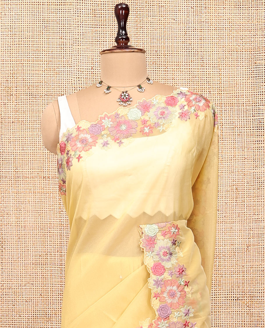 Yellow Plain Organza Saree, a Scallop Tropical Floral Embroidery Border, and a Matching Blouse
