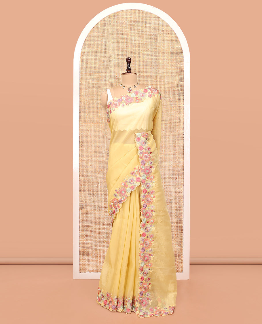 Yellow Plain Organza Saree, a Scallop Tropical Floral Embroidery Border, and a Matching Blouse