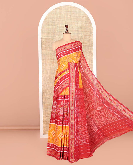 Yellow Odisha Cotton Saree, Delicately Woven with Intricate Designs All Over the Body, Complemented by Contrast Border of Geometric Patterns, Contrast Pallu of Unique Designs in Hazily, and Has No Blouse