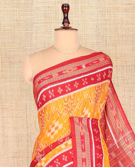 Yellow Odisha Cotton Saree, Delicately Woven with Intricate Designs All Over the Body, Complemented by Contrast Border of Geometric Patterns, Contrast Pallu of Unique Designs in Hazily, and Has No Blouse