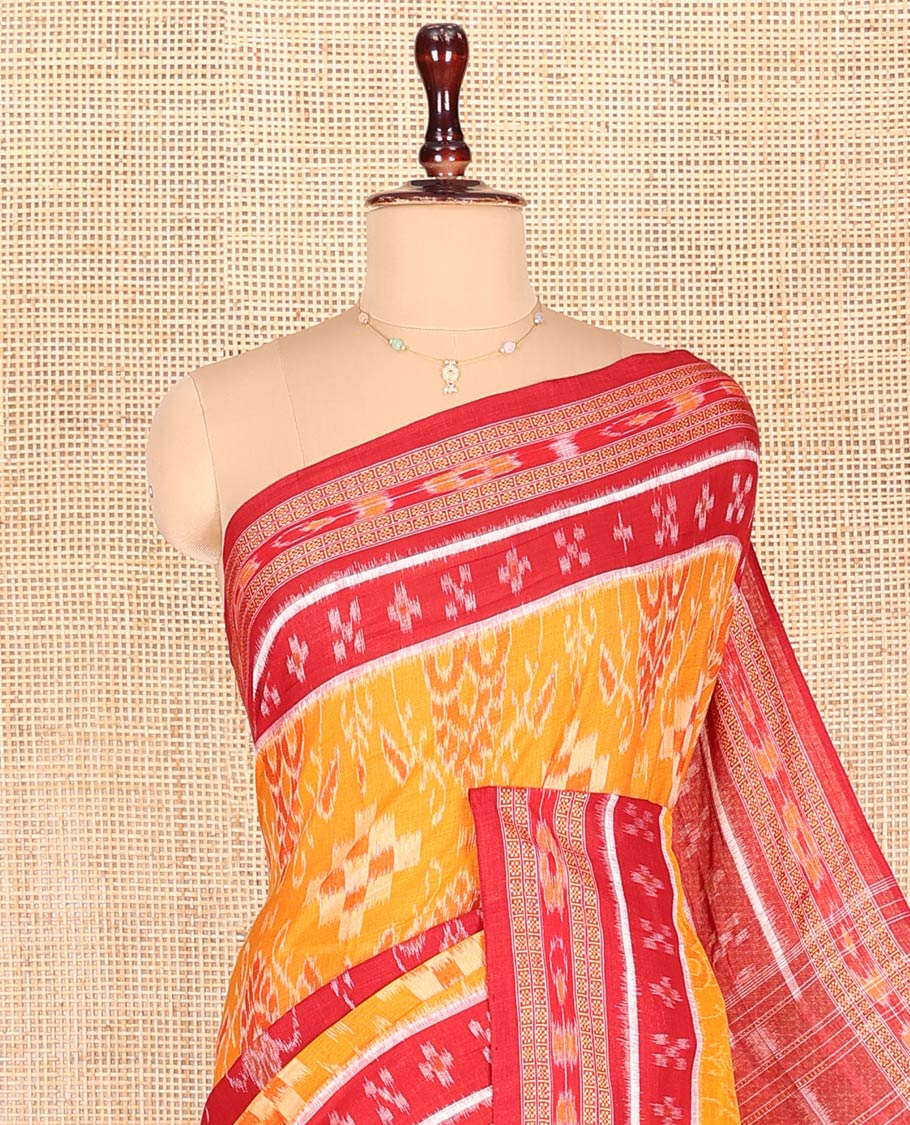 Yellow Odisha Cotton Saree, Delicately Woven with Intricate Designs All Over the Body, Complemented by Contrast Border of Geometric Patterns, Contrast Pallu of Unique Designs in Hazily, and Has No Blouse