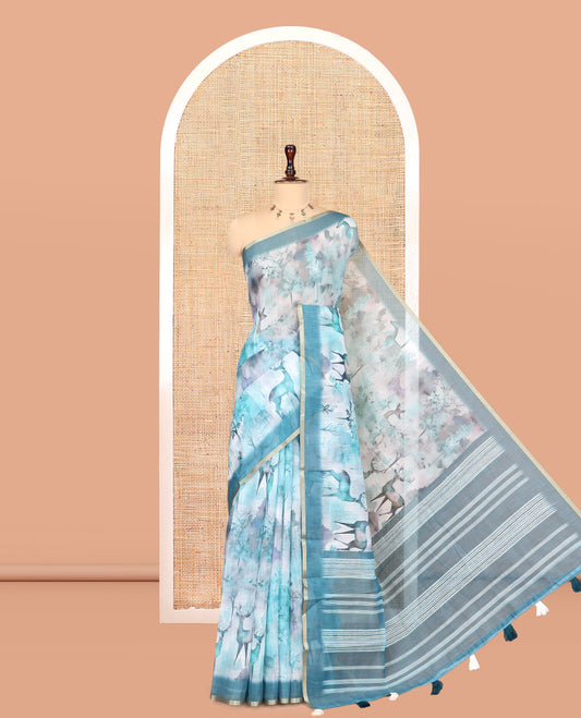 Peacock Green Linen Cotton Saree, Detailed with Floral and Deer Motifs Print, a Contrast Border, Striped Pallu, Contrast Blouse