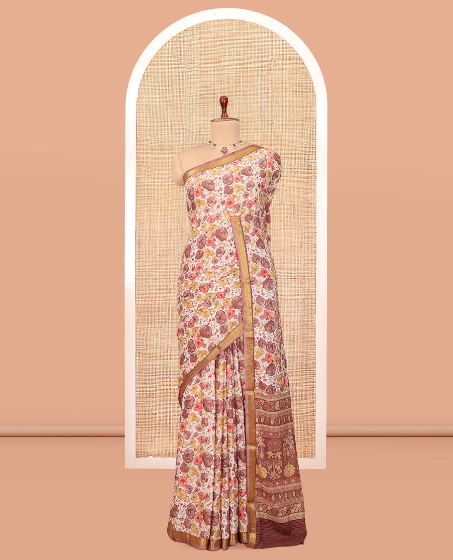 Off White Printed Silk Saree, Adorned with Floral-Vine Print, a Contrast Traditional Zari Border, Floral Pallu, and a Contrast Blouse
