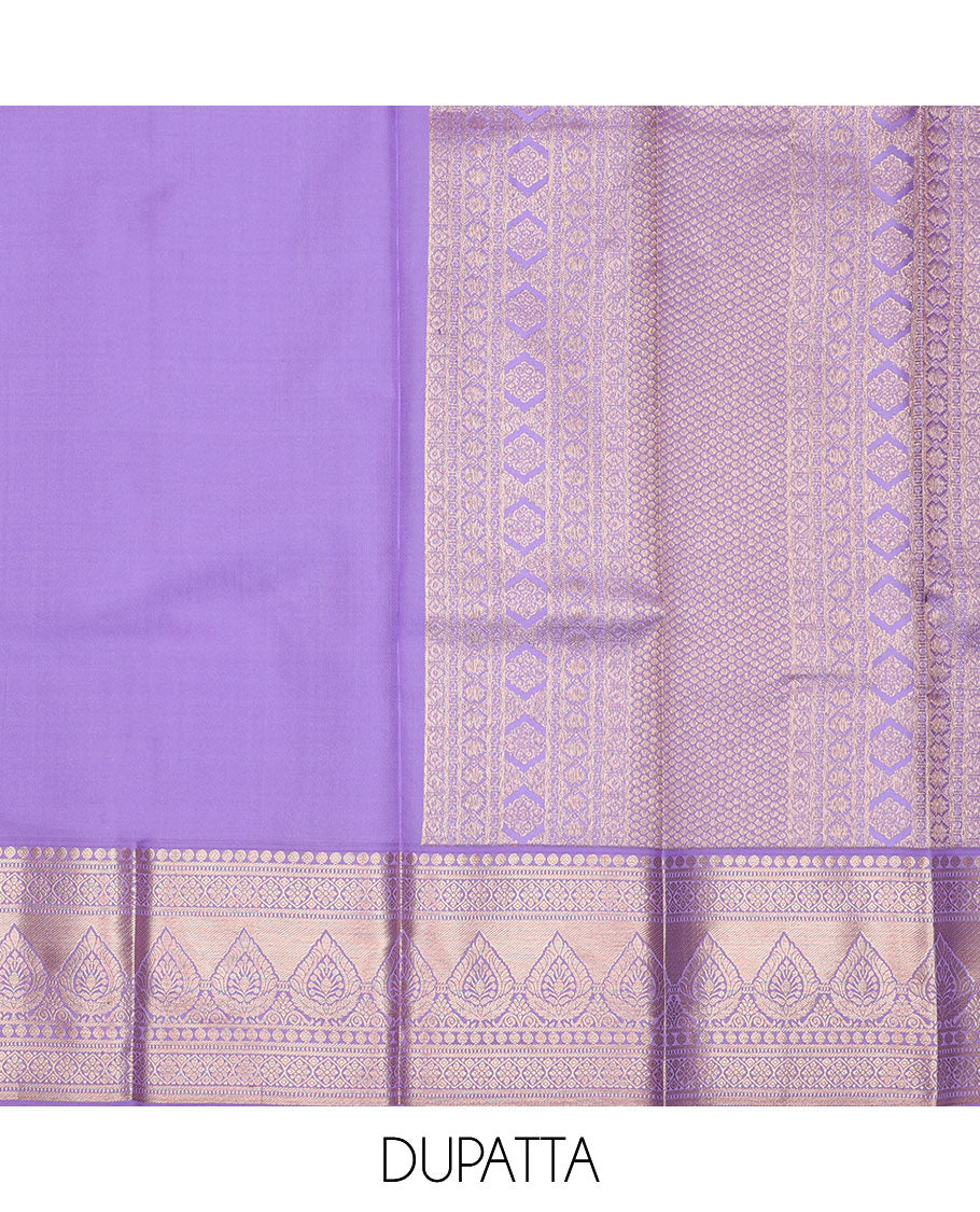 Green pure-silk half-saree, jacquard skirt, contrast blouse, and border of Mughal-style zari designs, and intricate dhavani