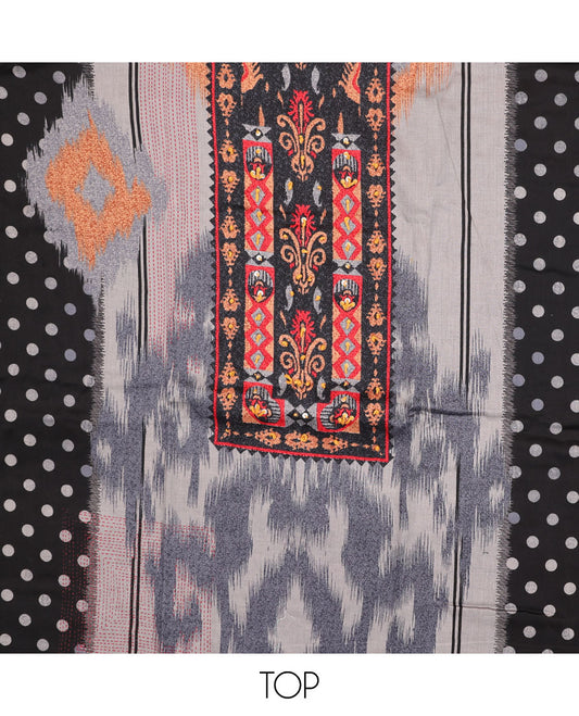 Black cotton chudidhar material set, geometric printed top, plain bottom & geometric printed dupatta