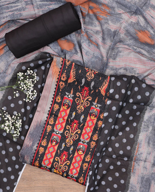 Black cotton chudidhar material set, geometric printed top, plain bottom & geometric printed dupatta
