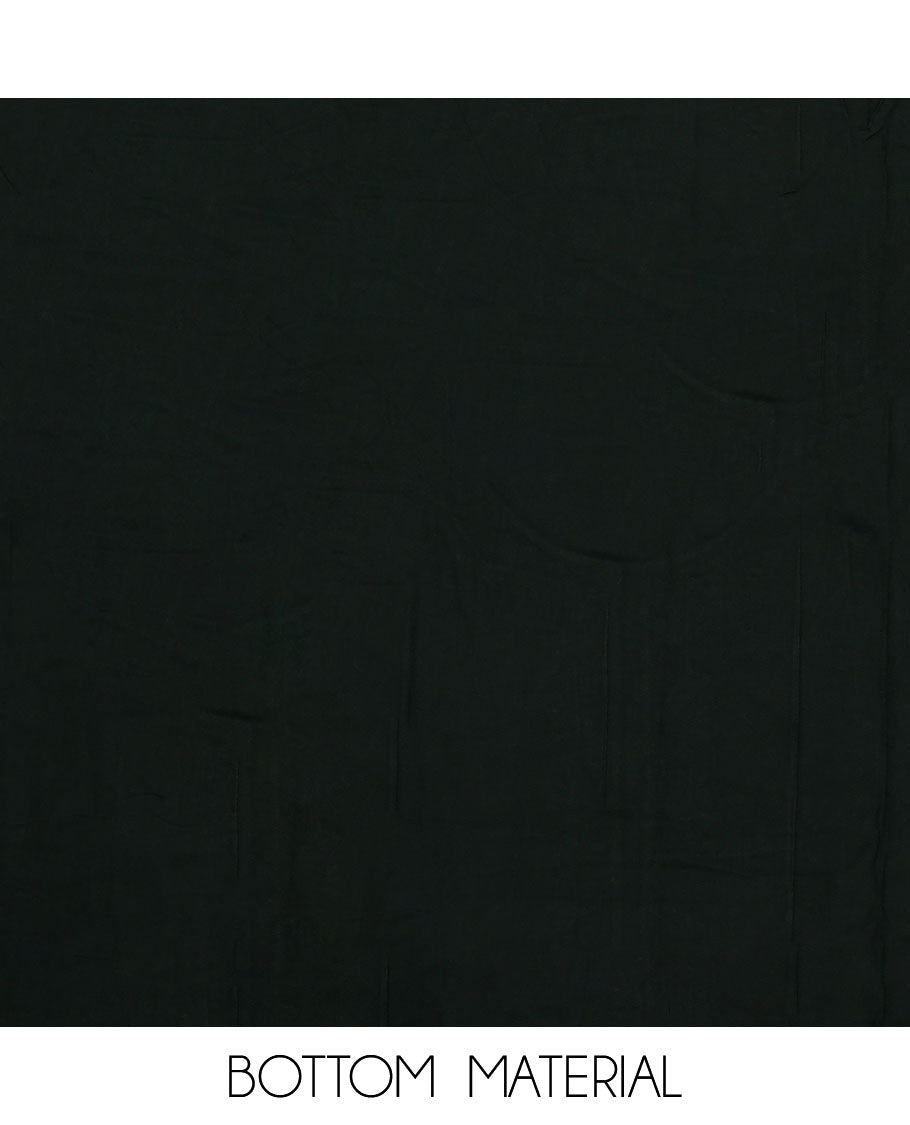 Black material chudidar set, floral print with neck embroidered top, plain bottom, and a contrast floral printed dupatta