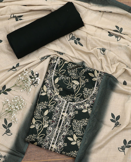 Black material chudidar set, floral print with neck embroidered top, plain bottom, and a contrast floral printed dupatta