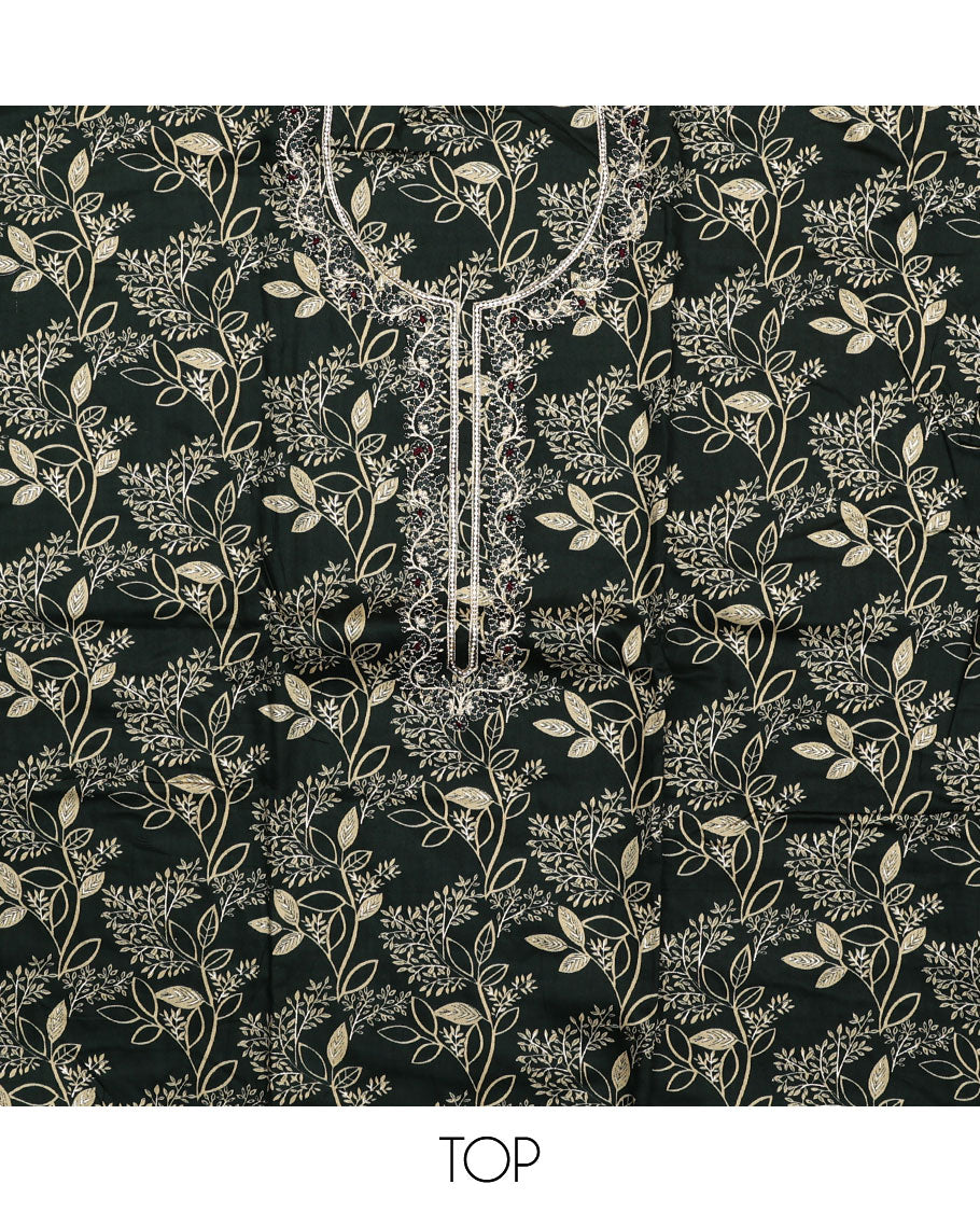 Black material chudidar set, floral print with neck embroidered top, plain bottom, and a contrast floral printed dupatta