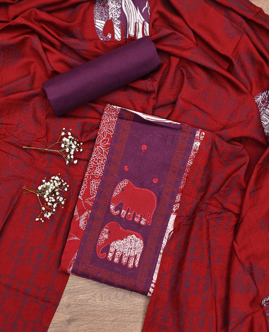 Red Material Chudidar Set, Adorned with Tropical Floral and Building Print and Neck Embroidery on Cotton Top, a Contrast Plain Cotton Bottom, and Paired with a Geometric Printed Matching Cotton Dupatta