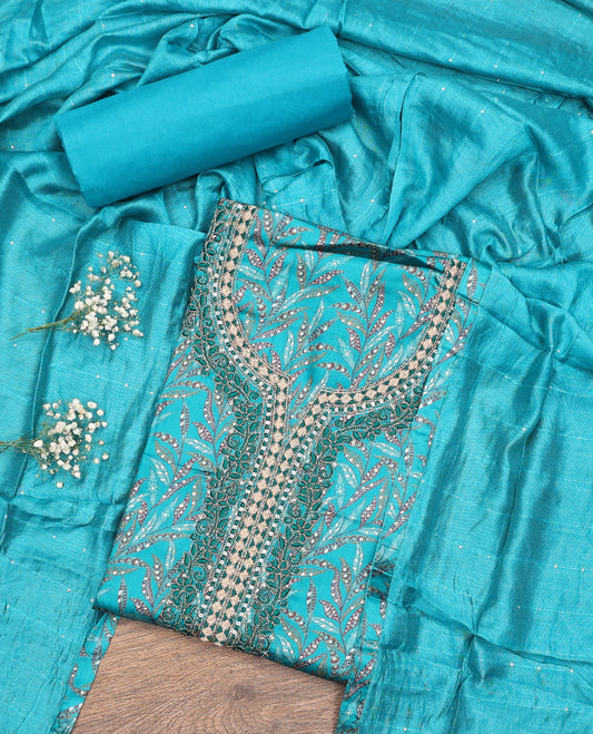 Blue Cotton Material Chudidar Set, Beautified with Leaf Motifs Print, and Embroidery on Its Cotton Top, a Plain Cotton Bottom, and Paired with Sequins Striped Dupatta