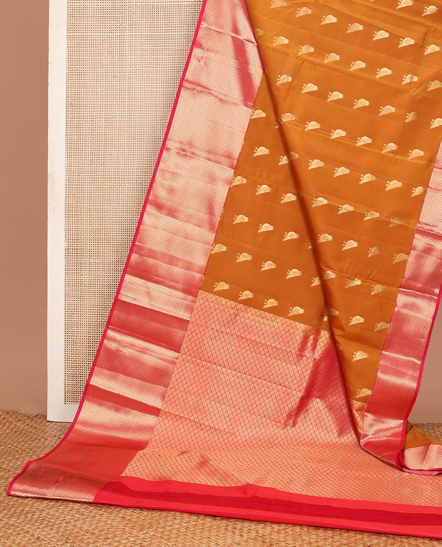Orange sparrow zari buttas Vasundhara silk mix saree, contrast border of mayil kann design & jaal pallu
