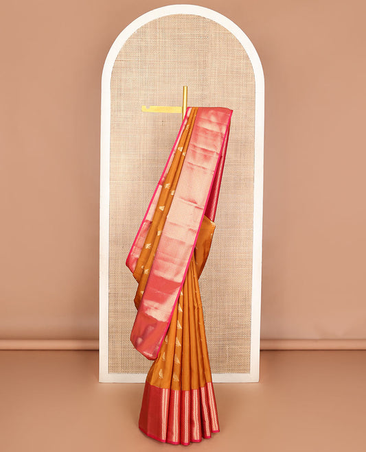 Orange sparrow zari buttas Vasundhara silk mix saree, contrast border of mayil kann design & jaal pallu