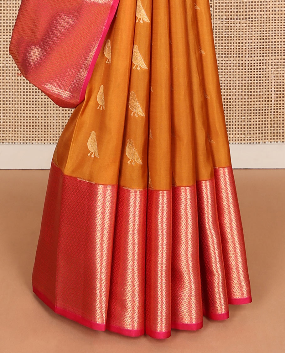 Orange sparrow zari buttas Vasundhara silk mix saree, contrast border of mayil kann design & jaal pallu