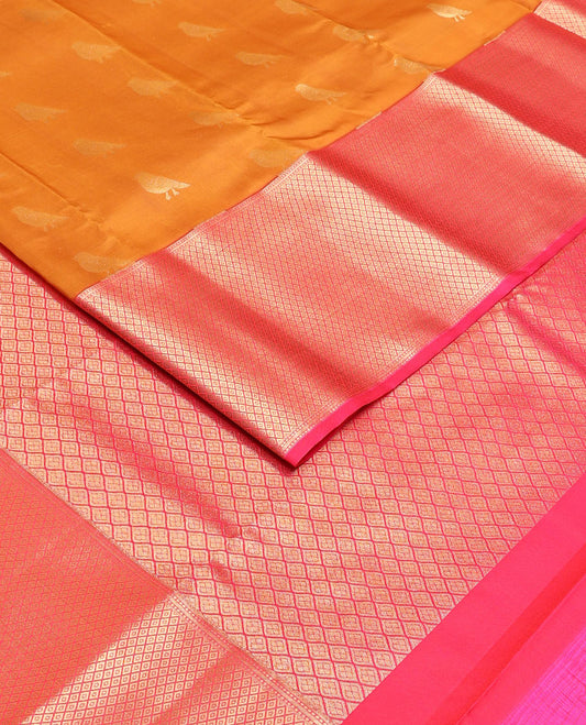 Orange sparrow zari buttas Vasundhara silk mix saree, contrast border of mayil kann design & jaal pallu