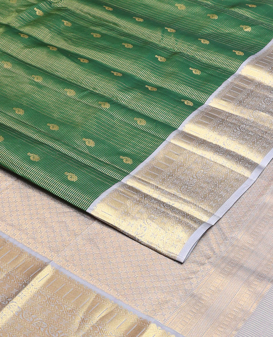 Green zari design vasundhara silk mix saree, contrast border of kathir, zari stripes, manga mokku,poun & kodi visiry & chakram design pallu