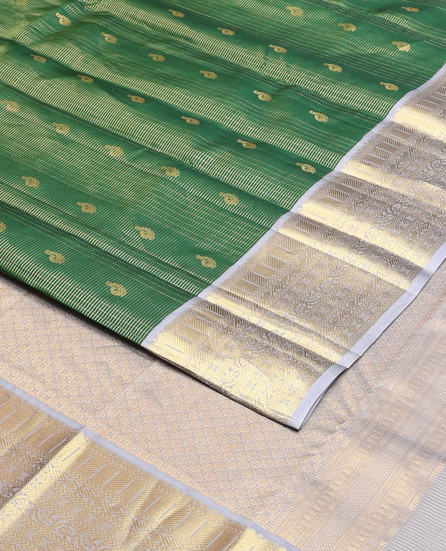 Green zari design vasundhara silk mix saree, contrast border of kathir, zari stripes, manga mokku,poun & kodi visiry & chakram design pallu