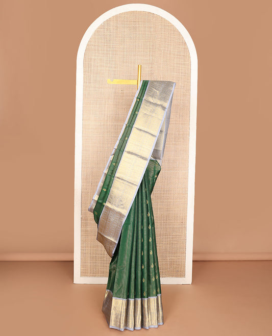 Green zari design vasundhara silk mix saree, contrast border of kathir, zari stripes, manga mokku,poun & kodi visiry & chakram design pallu